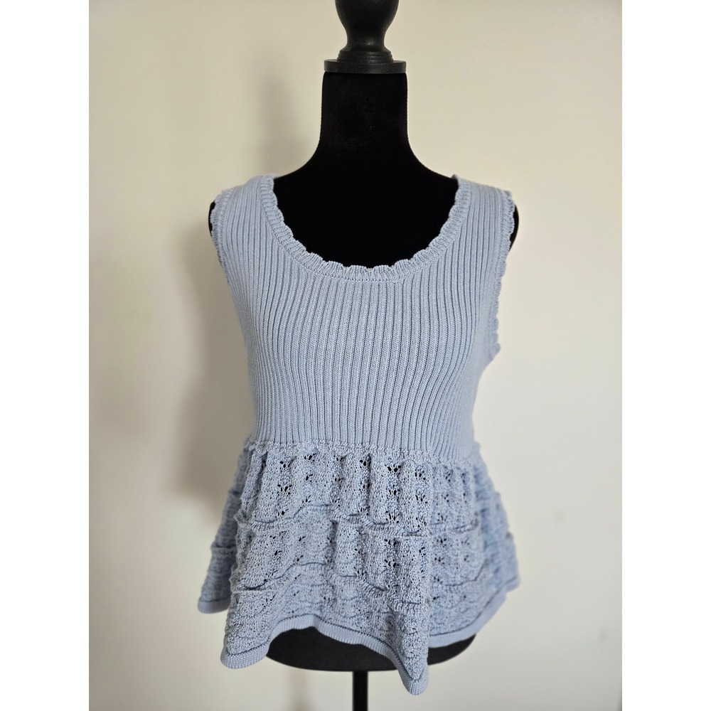 Design 365 Light Blue Ribbed Knit Ruffle Peplum Sleeveless Top Size M